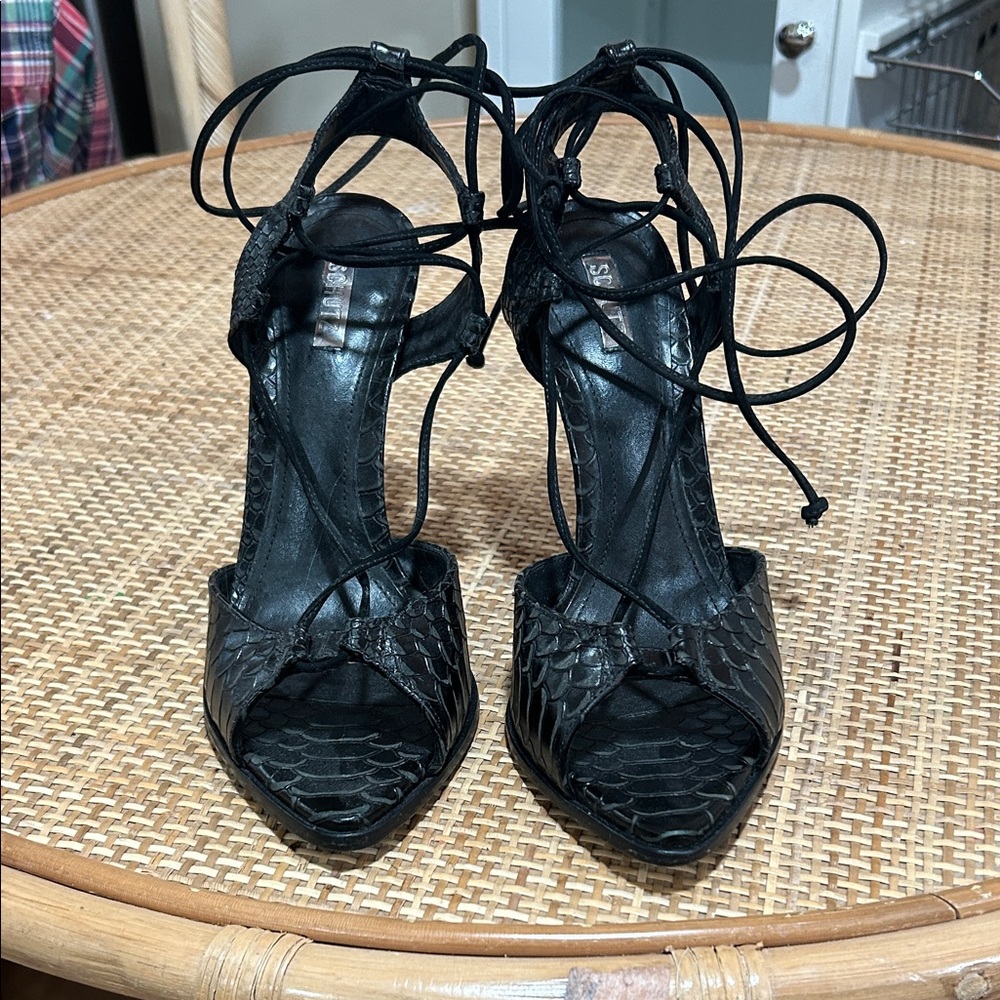 Schutz Black Textured Snake Lace-Up Heels